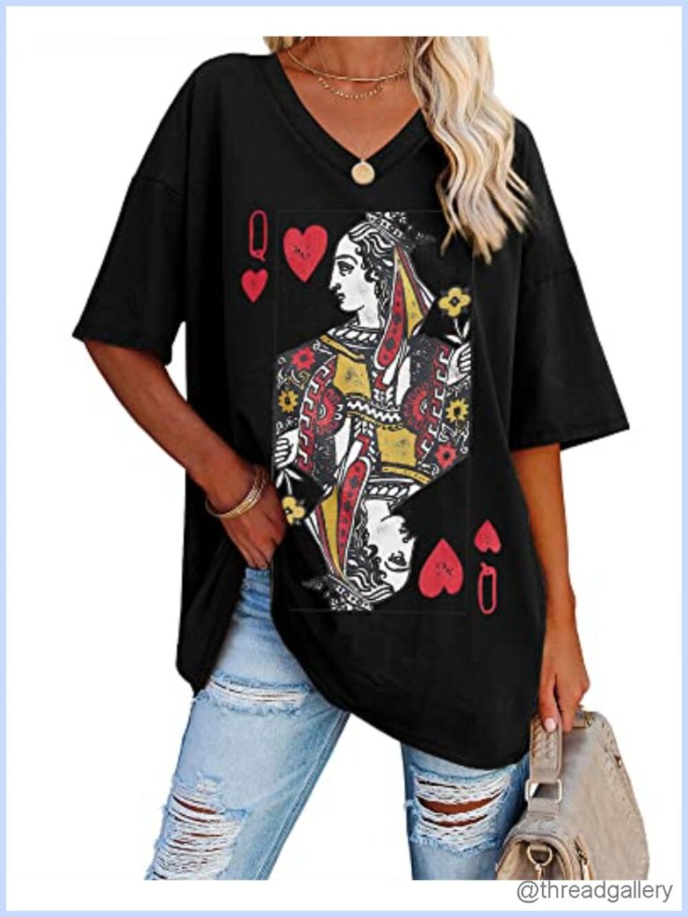 Oversized Queen of Hearts Graphic Tunic Top Short Sleeve V-Neck Loose Fit